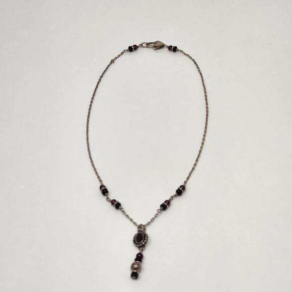 Red Crystal Silver Tone Metal Bead Y Drop Chain Necklace Artisan Handmade - Picture 3 of 5